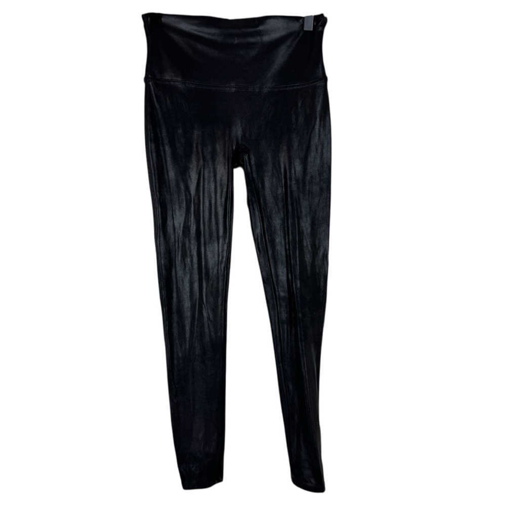 Spanx Black Faux Leather Leggings Compression Shape Wear Large Petite 2437Q